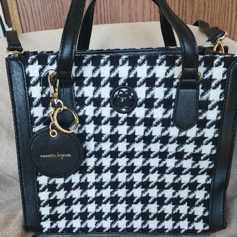 NANETTE LEPORE Black Faux Leather Houndstooth Cloth Wrist/Crossbody Handbag